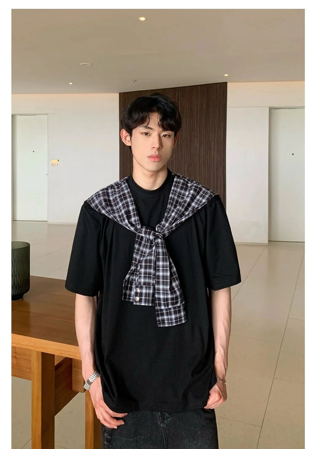 Non-detachable Plaid Shawl T-shirt