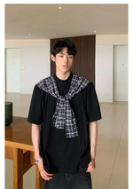 Non-detachable Plaid Shawl T-shirt