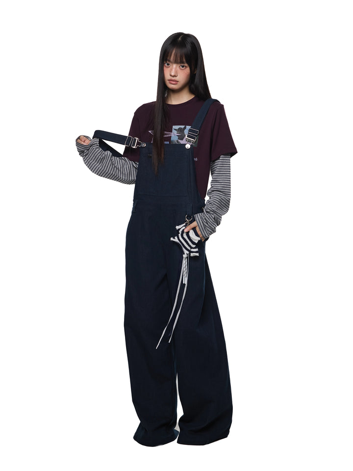 Retro Wide-Leg Overall Pants Jumpsuit with Pendant