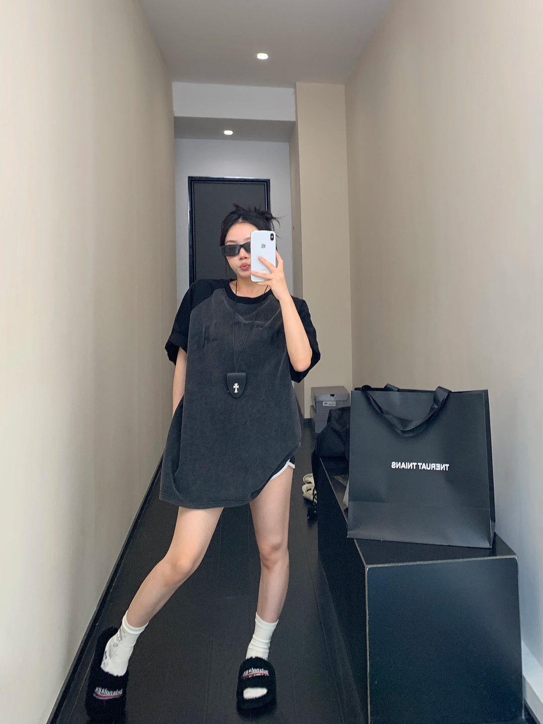 Bavlněné umyté oversized tričko s krátkým rukávem 