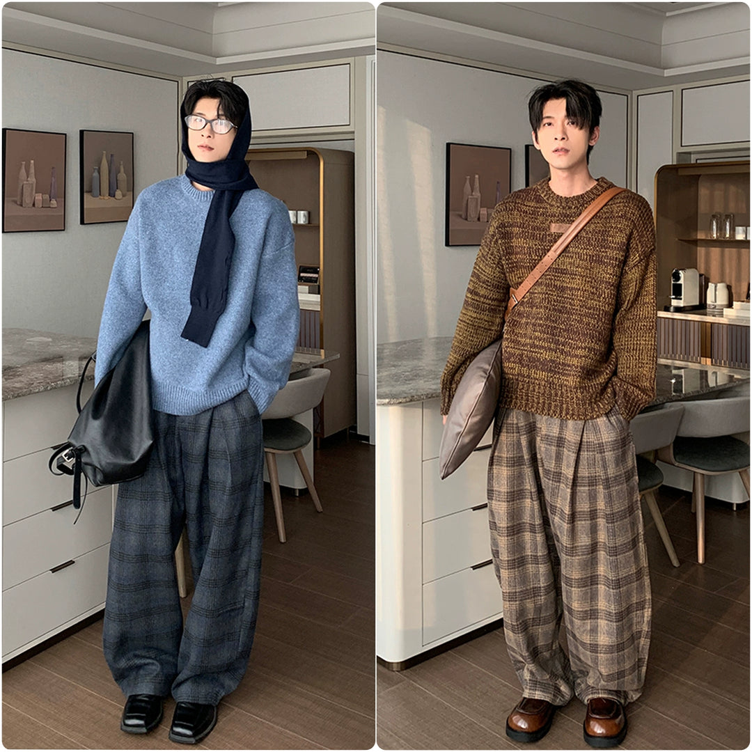 Wool Plaid Wide-Leg Casual Pants