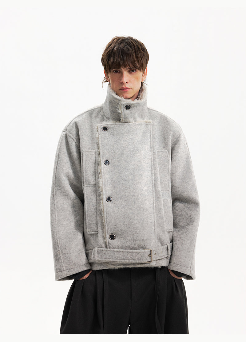 Двубортное шершавая пальто с поясом 