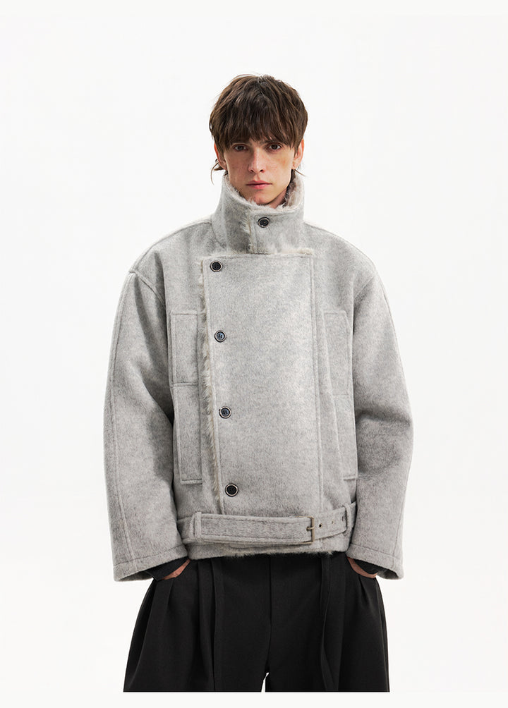 Двубортное шершавая пальто с поясом 