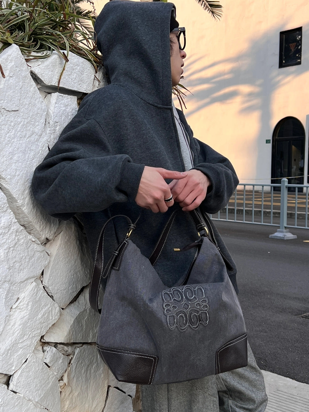 Denim Canvas Large Shoulder Tote Bag