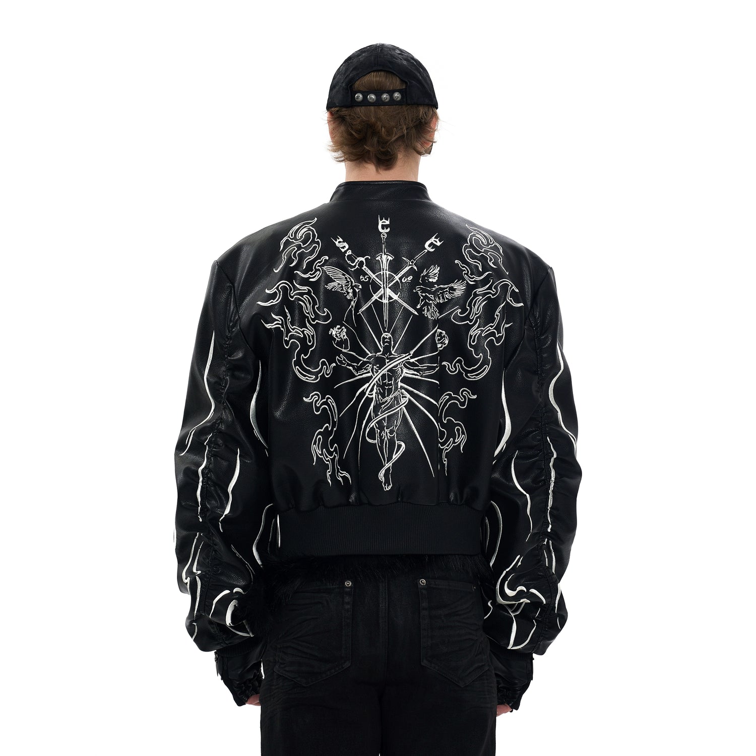 Back Embroidery Stand Collar Leather Jacket