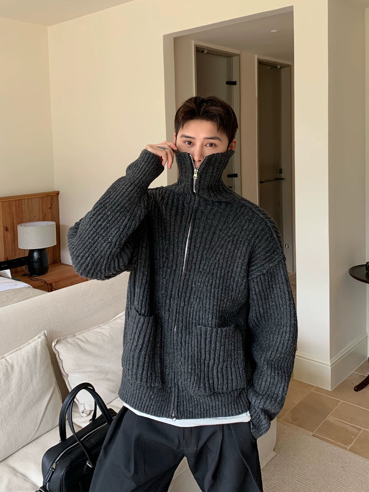 Cárdigan de punto con cremallera y cuello alto acanalado 