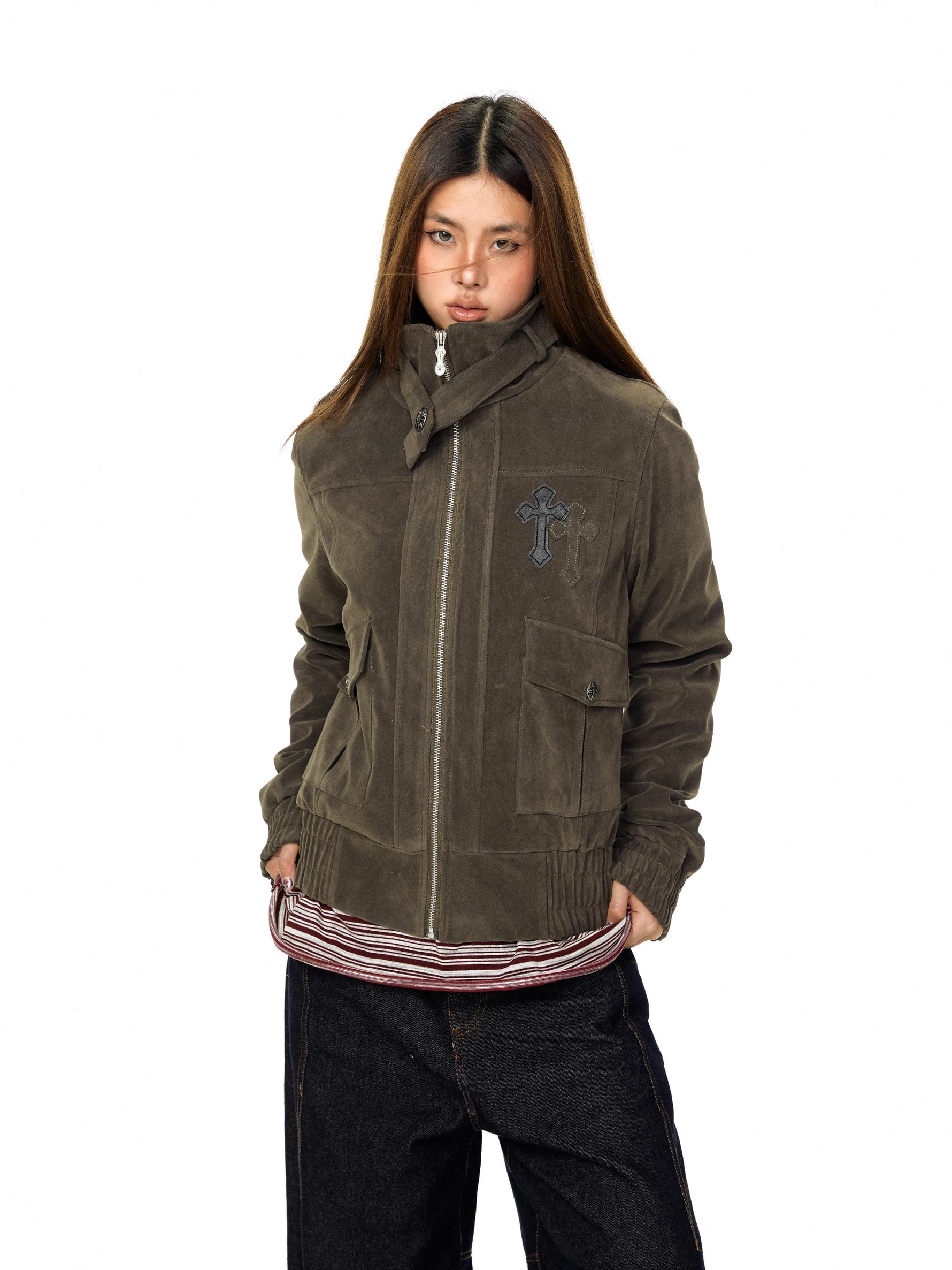 Suede Embroidered Stand Collar Workwear Jacket 2