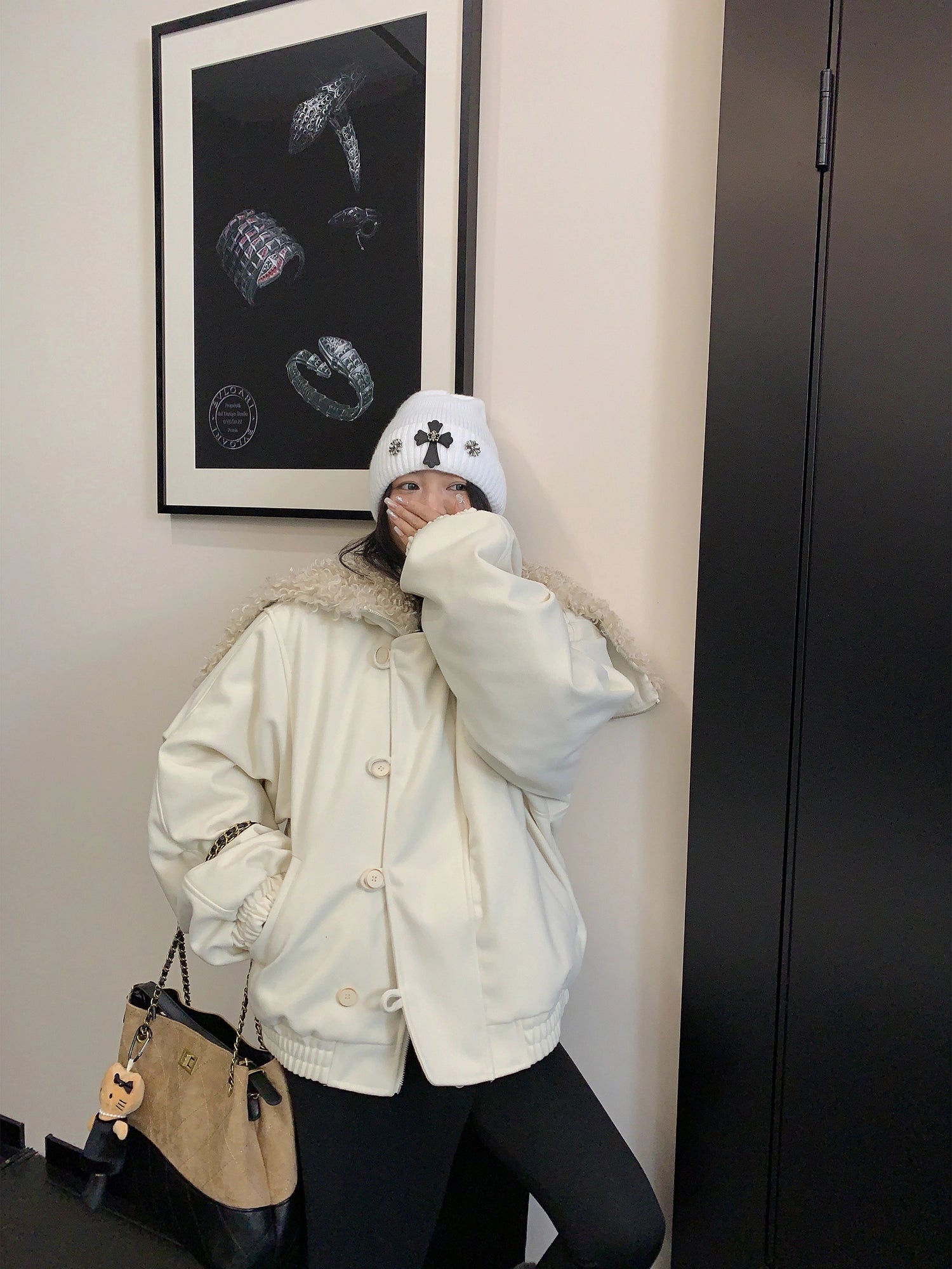 Cappotto in misto lana oversize con colletto in pile 