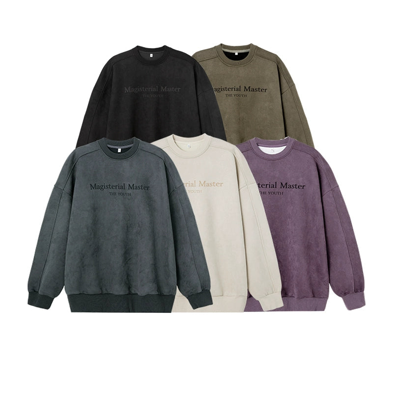 Letter Print Suede Round Neck Sweatshirt