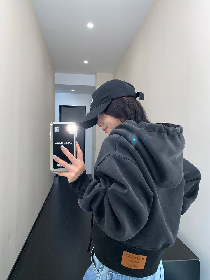 Distressed Cropped Hooded Sweatshirt