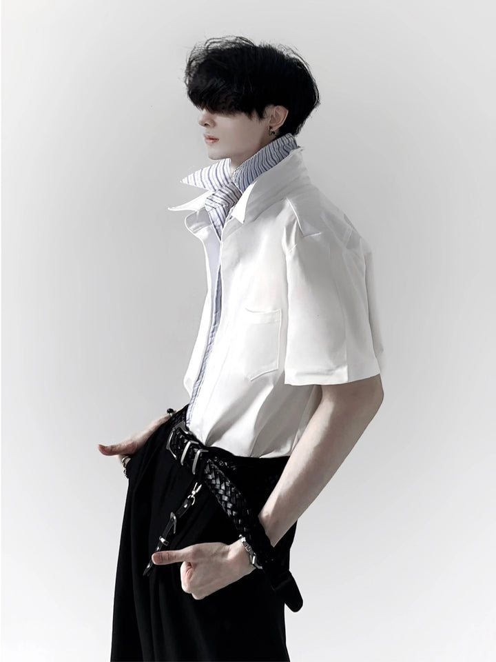 Patchwork Striped Collar Short-sleeved Shirt
