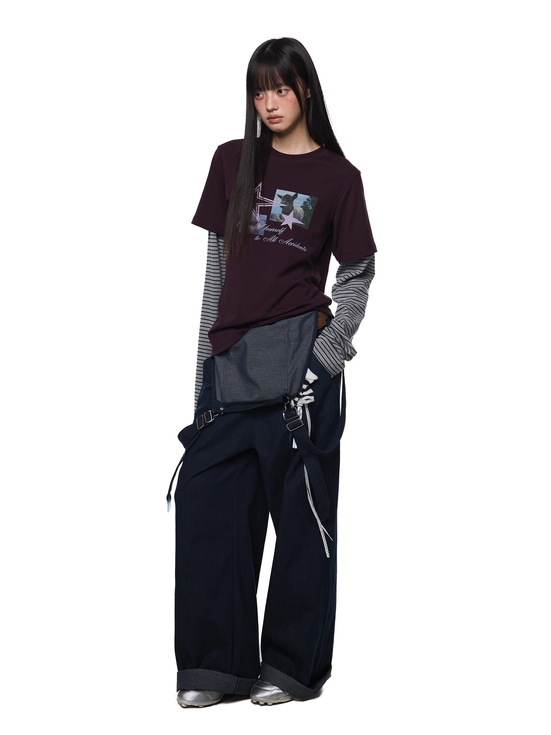 Layered Striped Sleeve Graphic T-Shirt