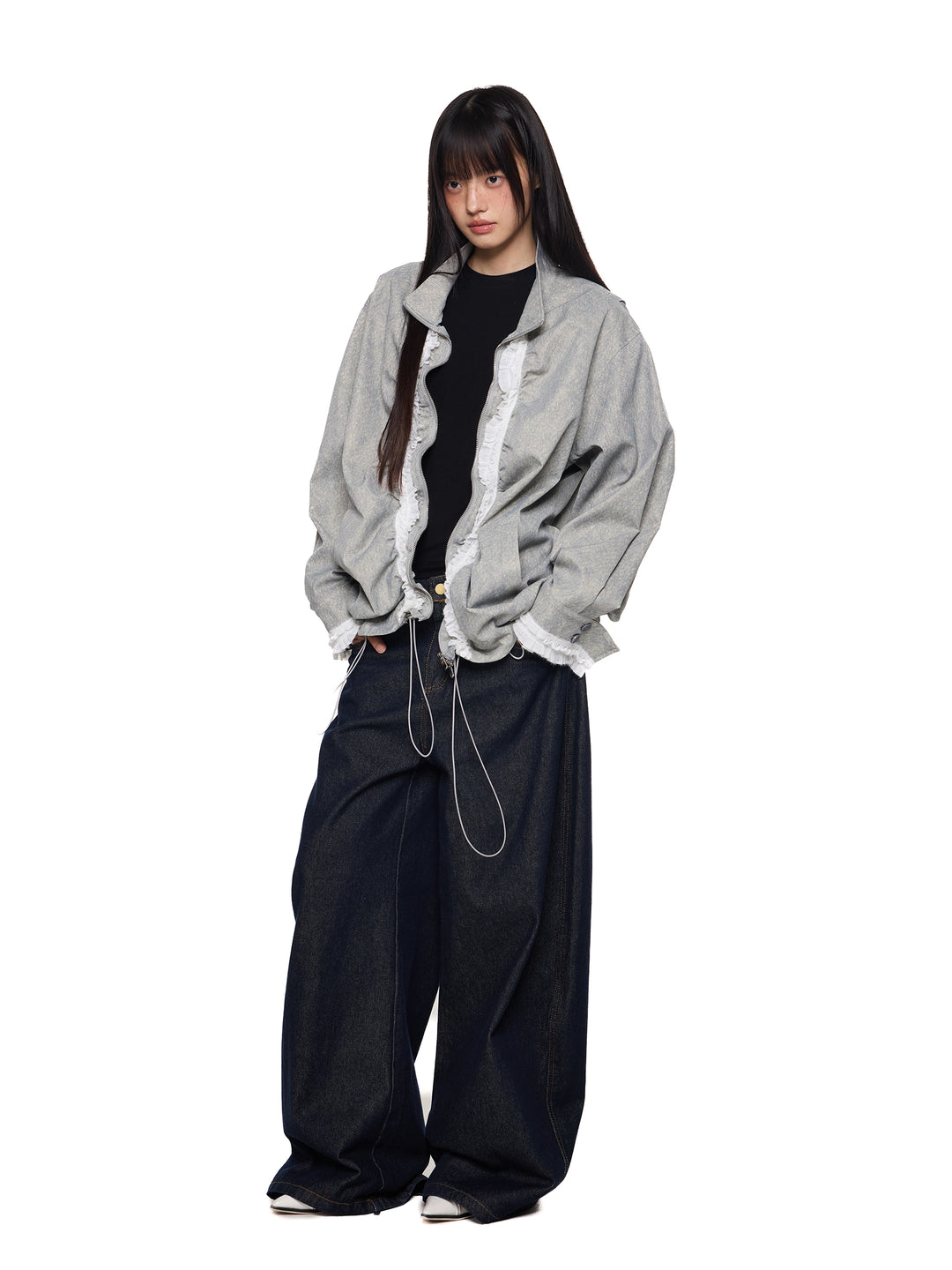 Drawstring Pleated Stand Collar Lace Jacket