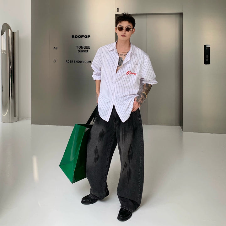 Letter Print Vertical Stripe Long Sleeve Shirt