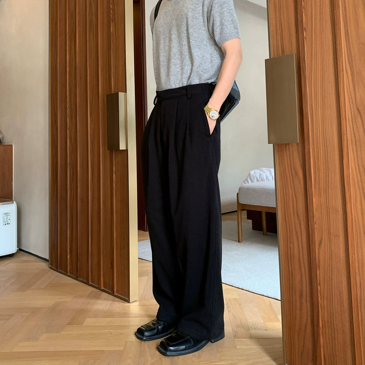 テクスチャーのあるワイドレッグストレートカジュアルパンツ 