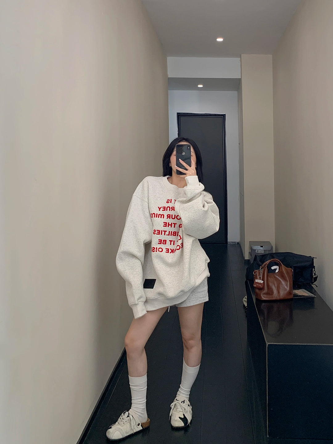 Bedruckter, lockerer Fleece-Crewneck-Pullover 