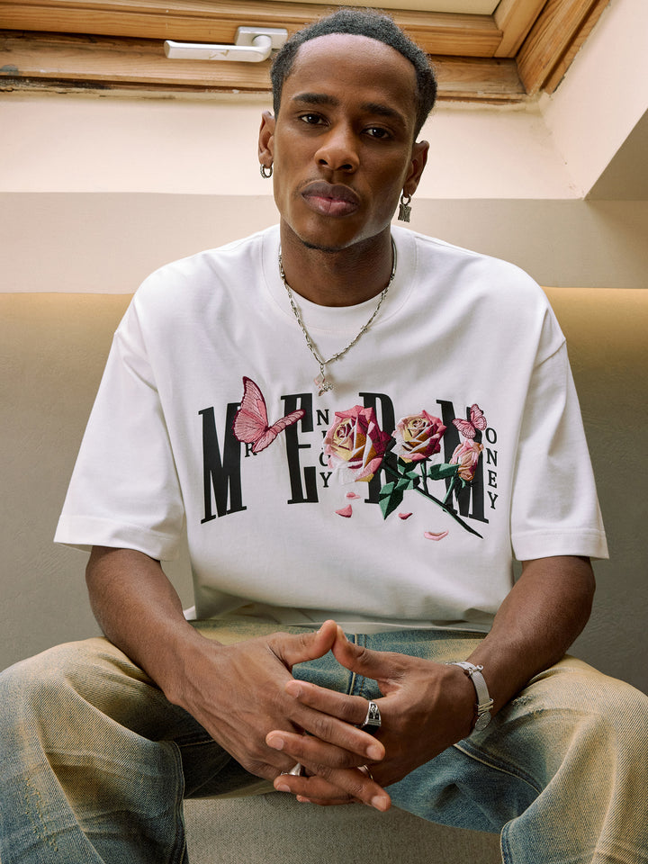バタフライローズ刺繍ルーズフィットTシャツ 