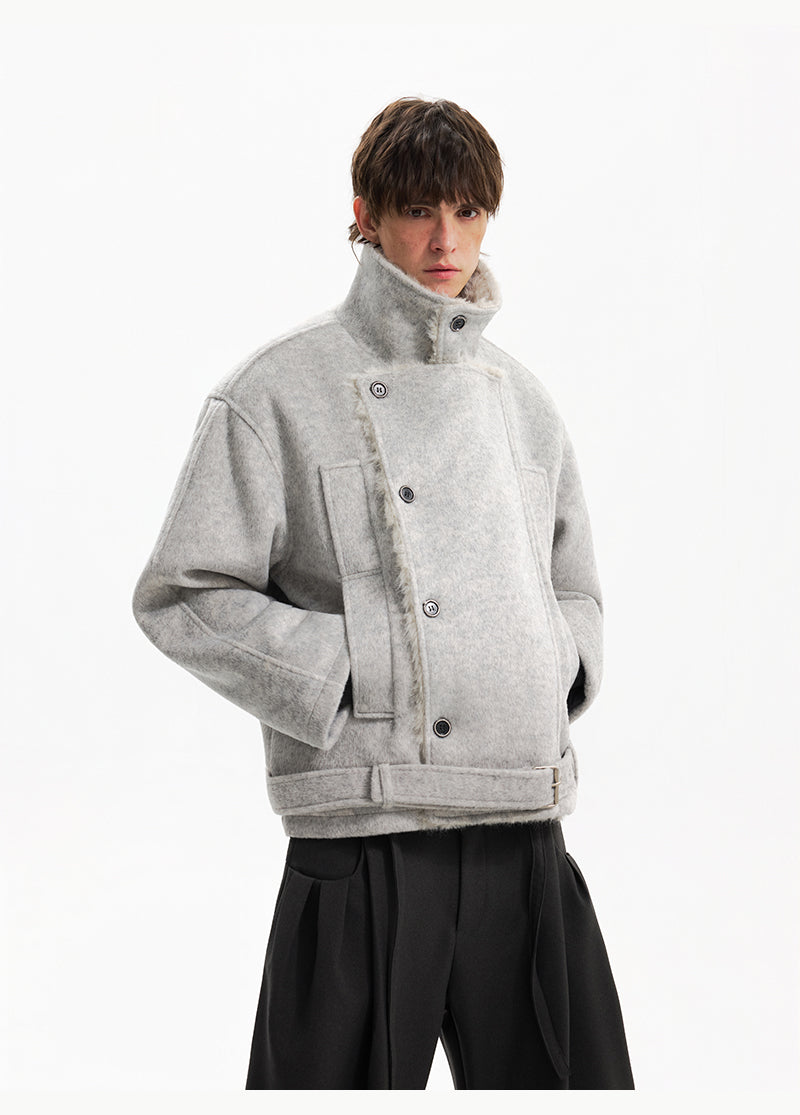 Двубортное шершавая пальто с поясом 