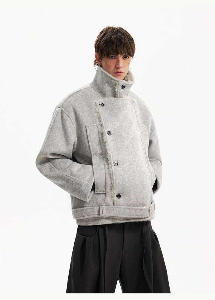 Двубортное шершавая пальто с поясом 