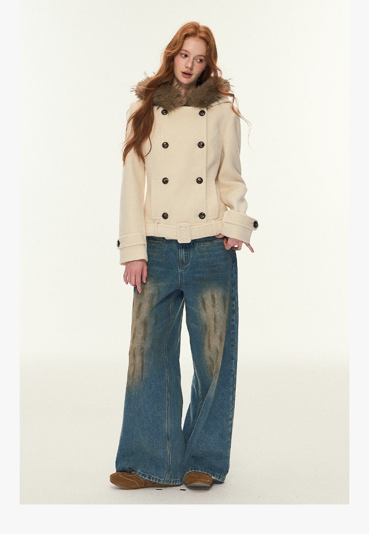 Short Double-Breasted Wool Coat with Hood