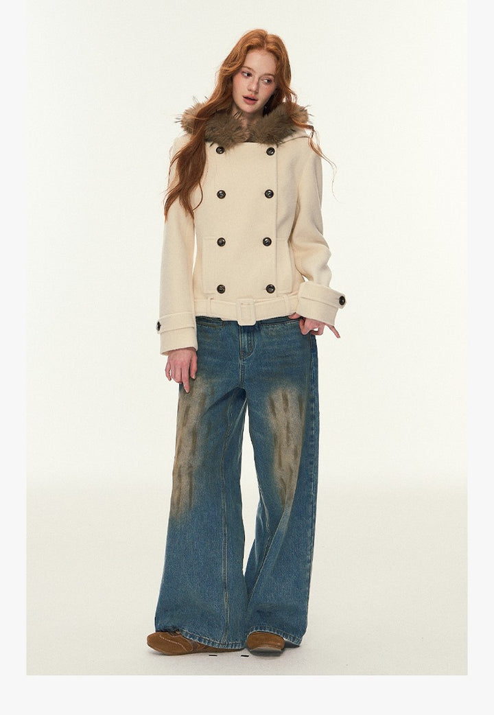 Short Double-Breasted Wool Coat with Hood