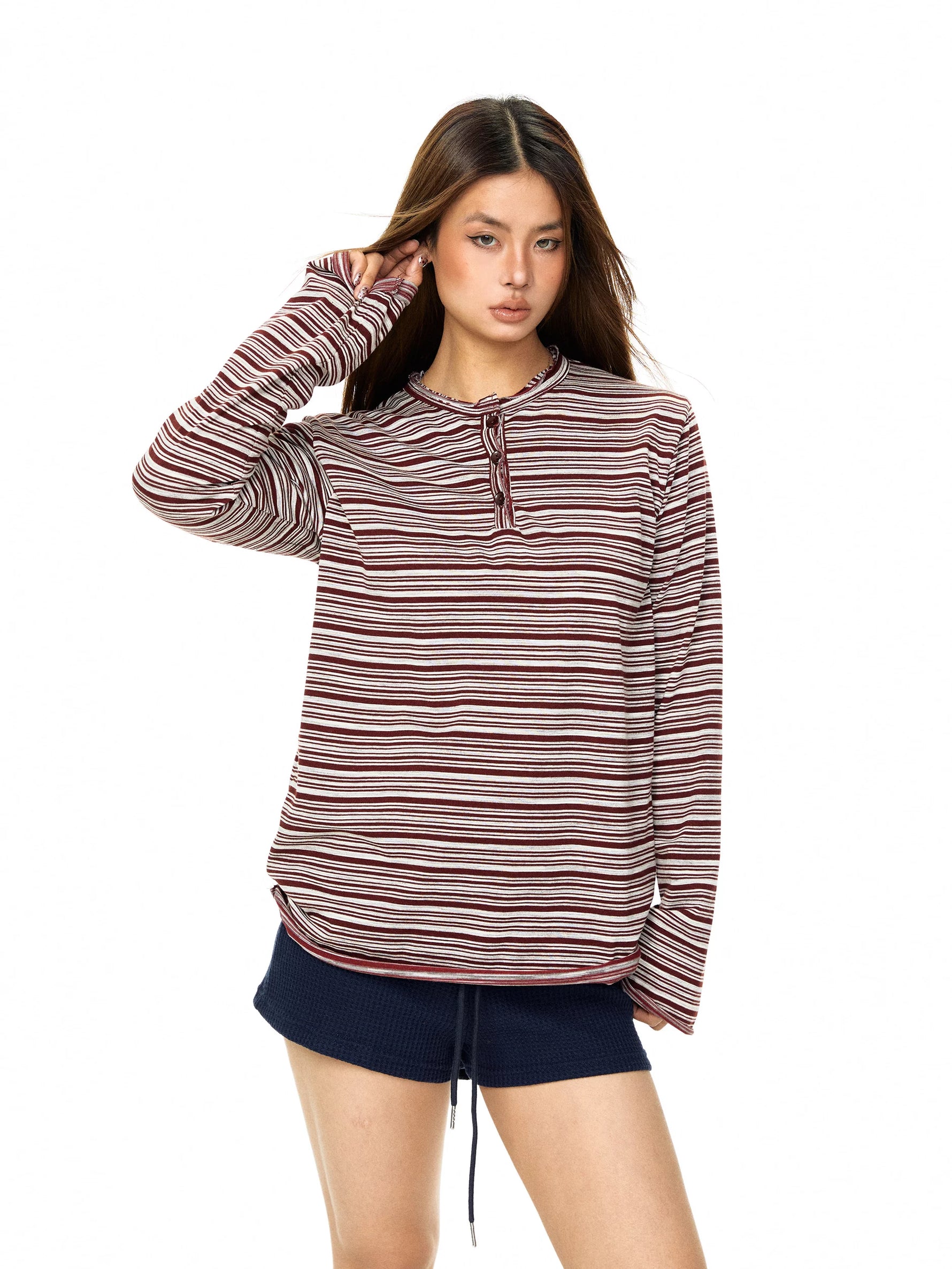 Striped Long Sleeve Henley Pullover Top 3