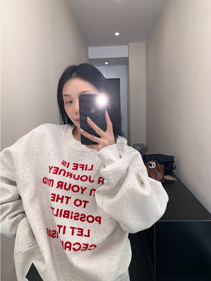 Bedruckter, lockerer Fleece-Crewneck-Pullover 