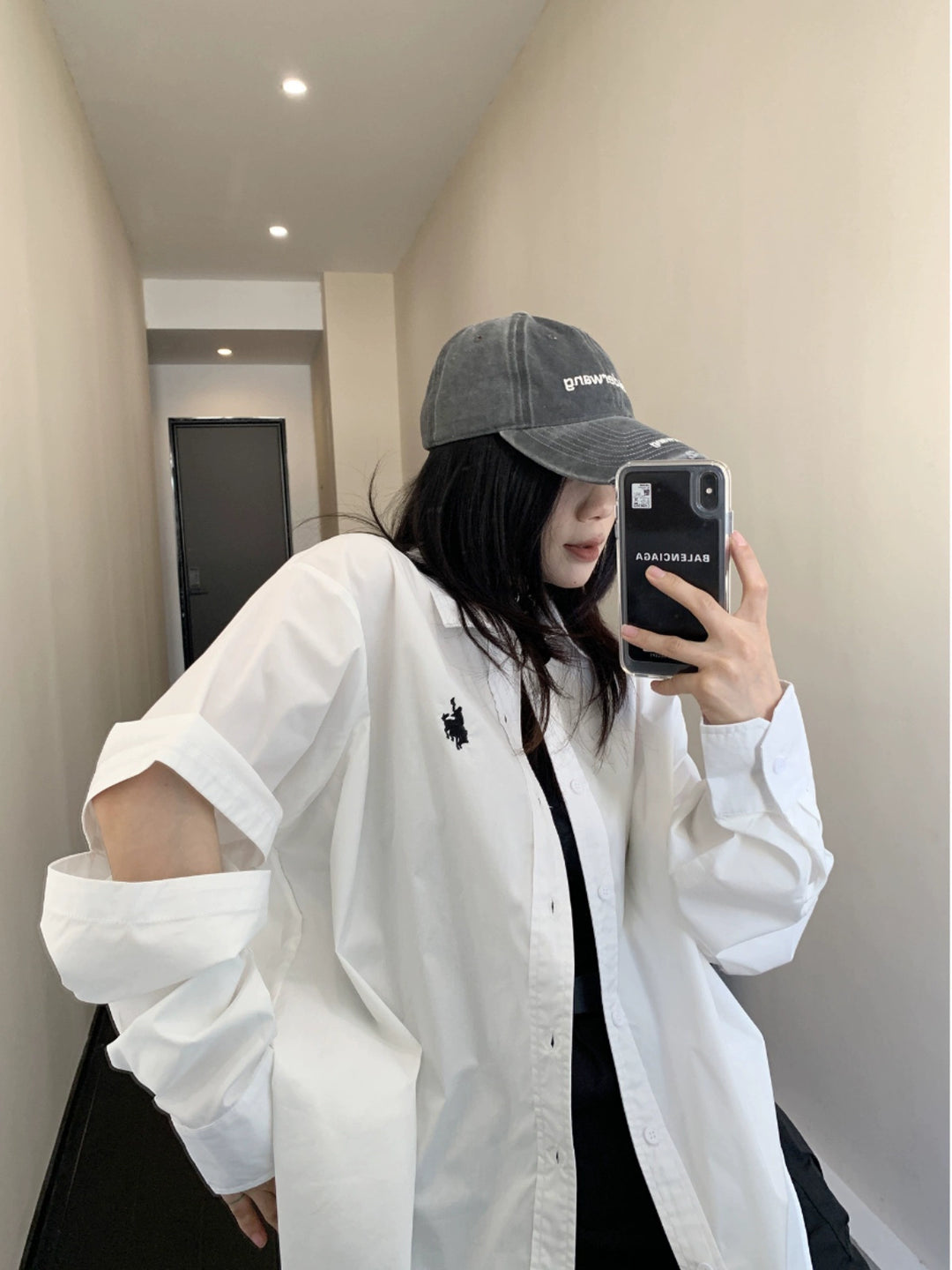 Oversized Cut-Out Sleeve Embroidered Shirt