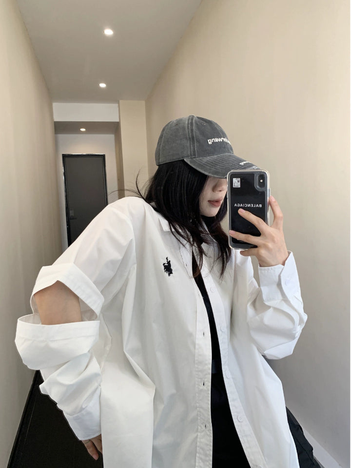 Oversized Cut-Out Sleeve Embroidered Shirt