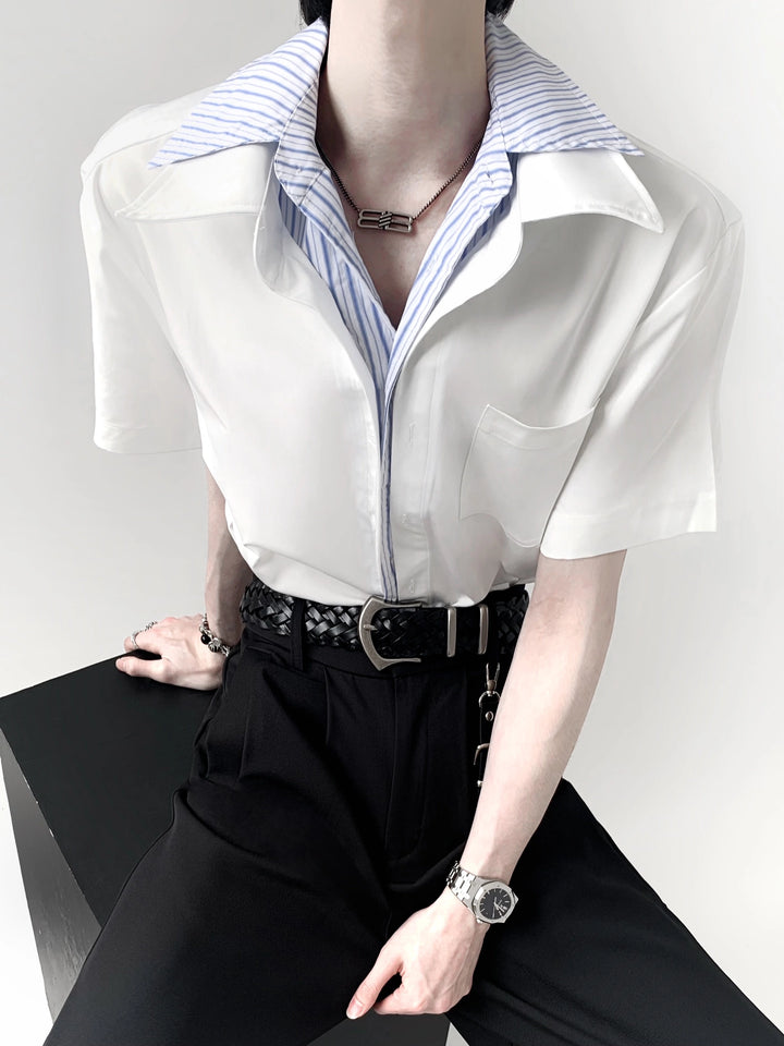Patchwork Striped Collar Short-sleeved Shirt
