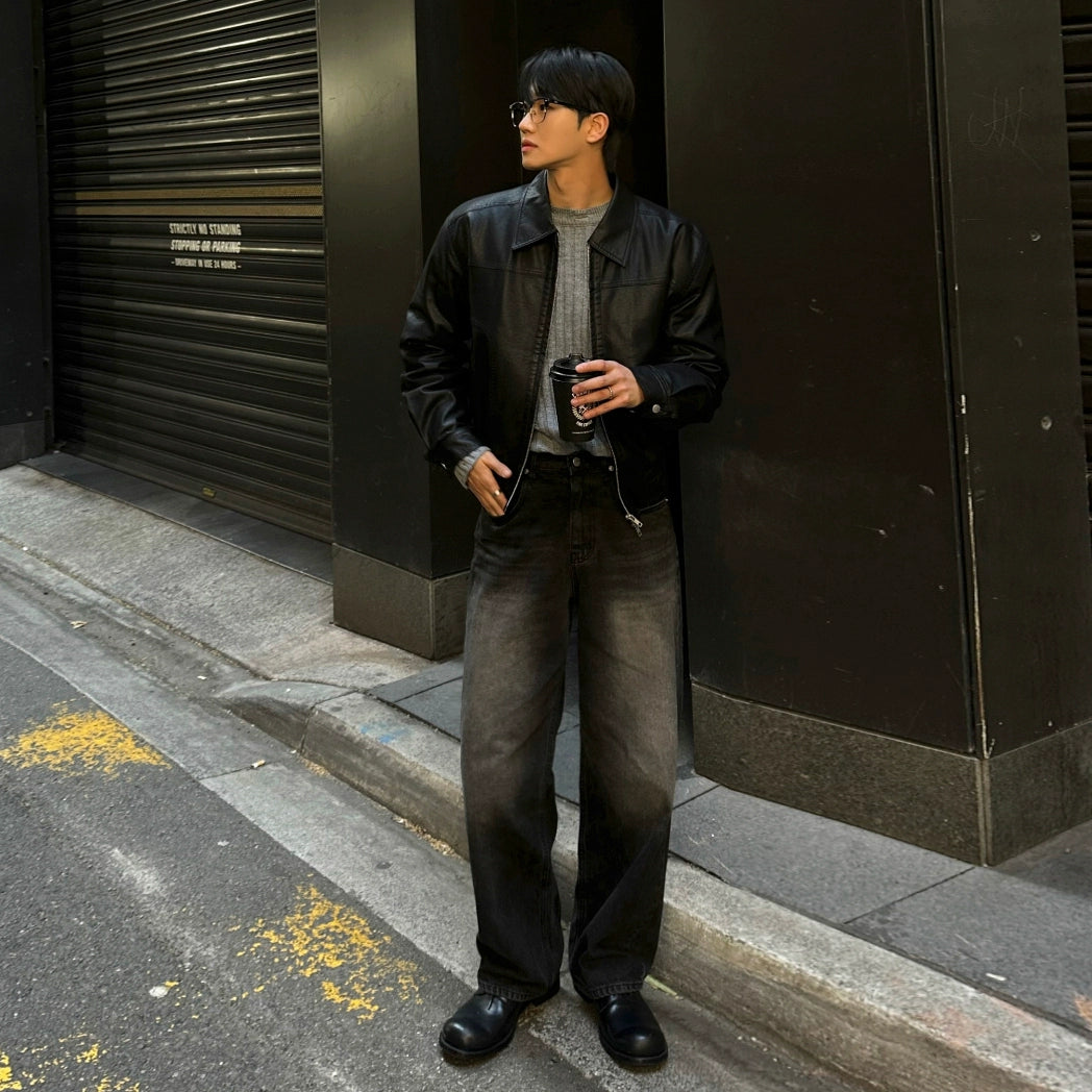 Kožená bunda s klopami volného střihu retro 