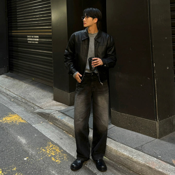 Kožená bunda s klopami volného střihu retro 