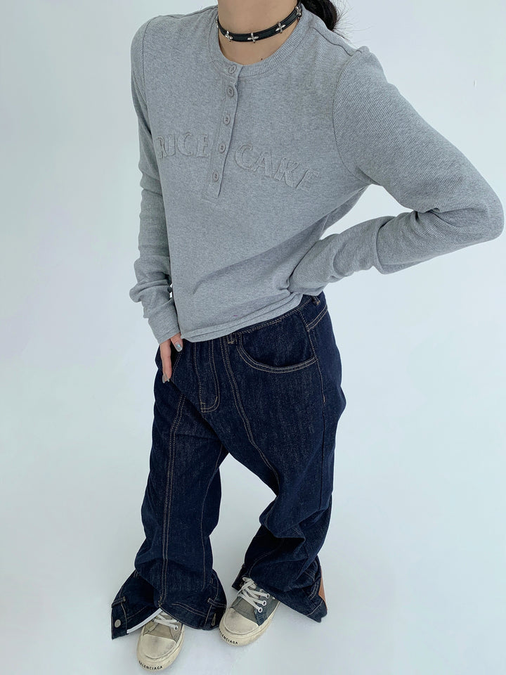 Slim Fit Broderad Långärmad Henley 