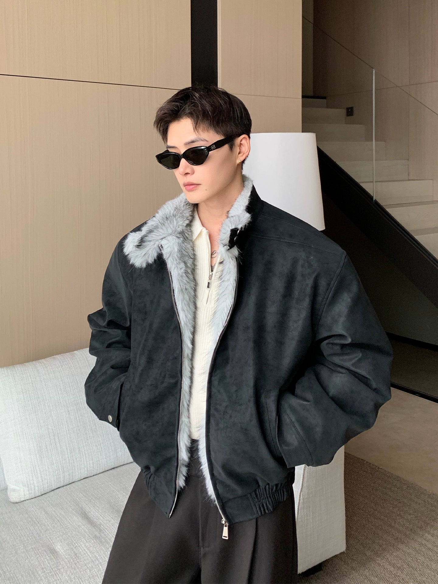 Faux-Suede-Fleece-Kragen-Pufferjacke 