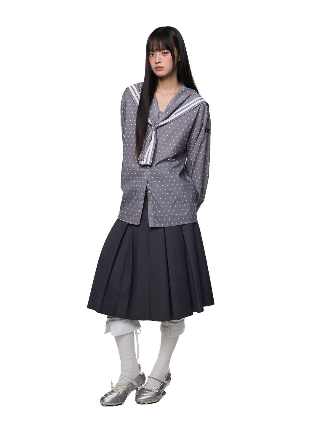 Polka Dot Striped Sailor Collar Shirt