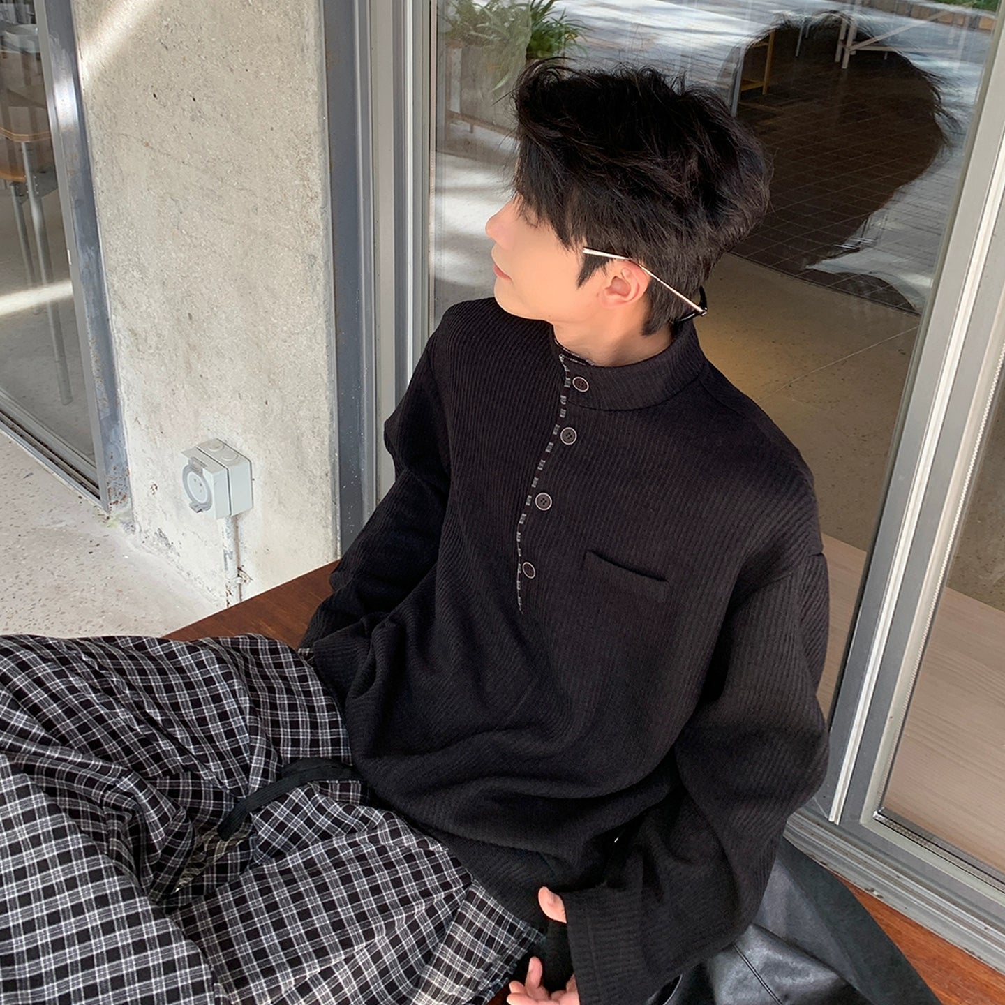 Lapel Sweater Top and Plaid Pants