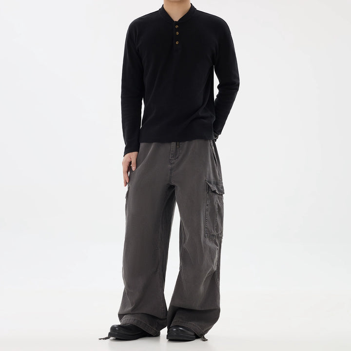 Multi-Pocket Distressed Wide-Leg Pants