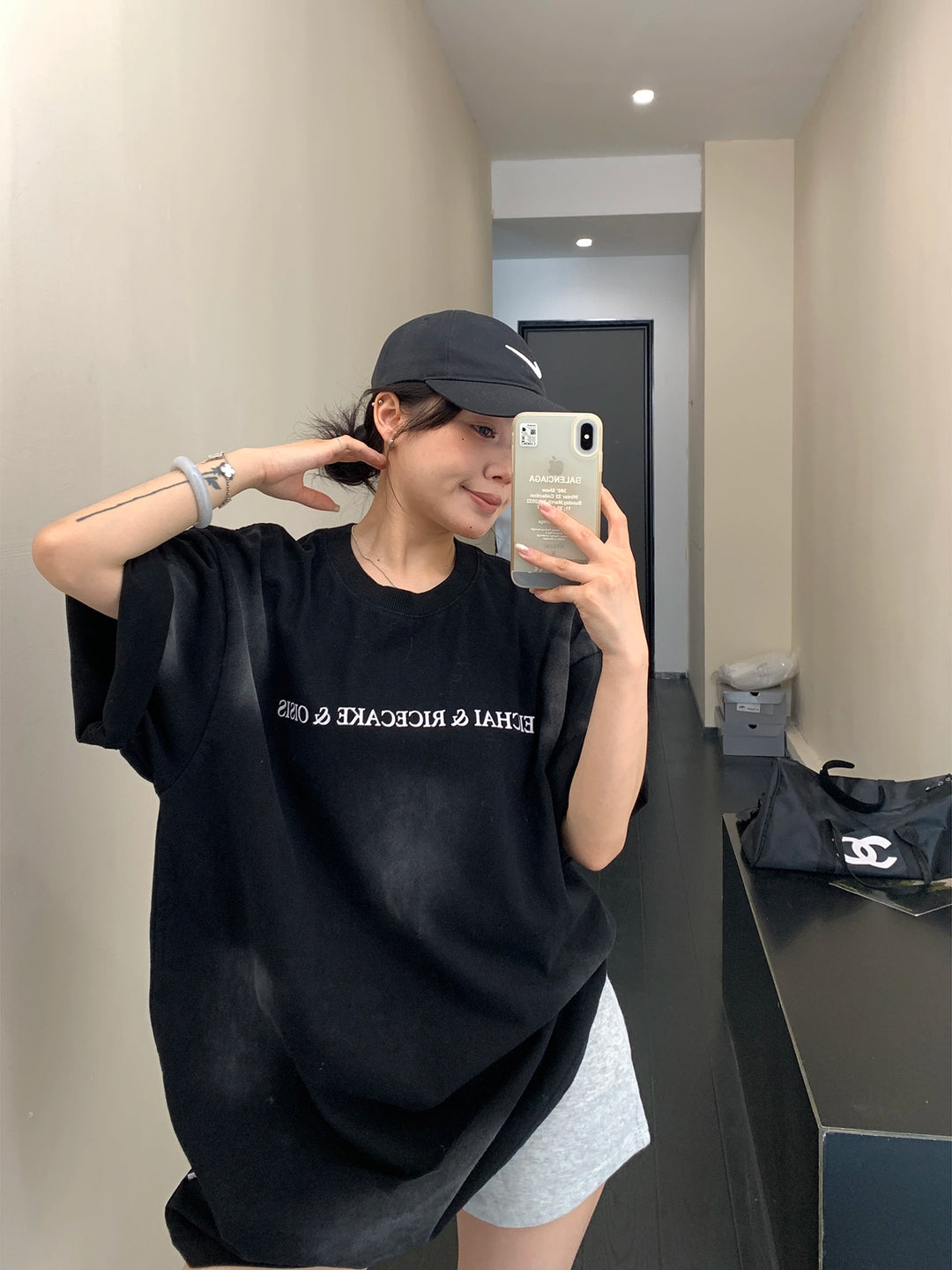 Retro Washed Cotton Letter Print T-Shirt