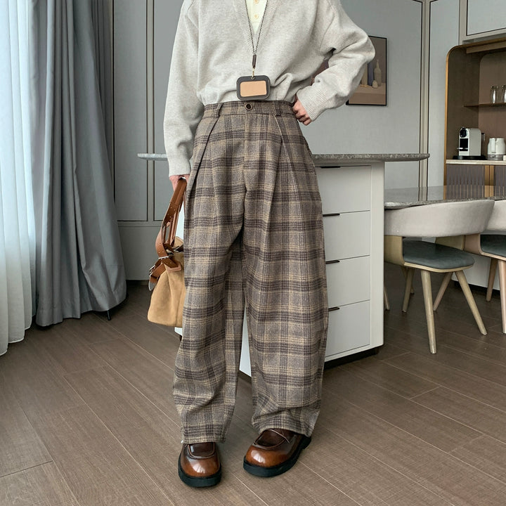 Wool Plaid Wide-Leg Casual Pants