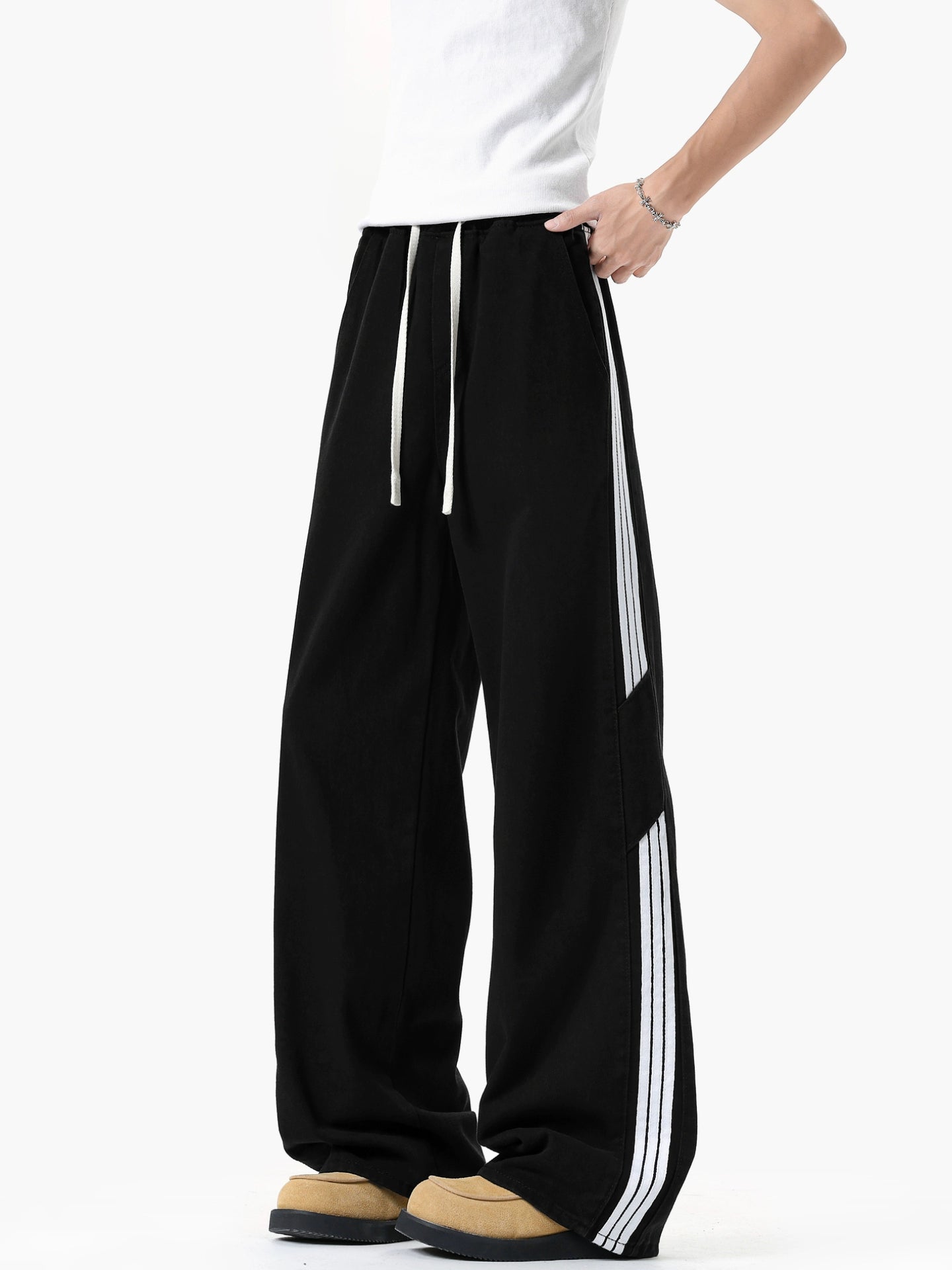 Wide Leg Three-Stripe Drawstring Jeans