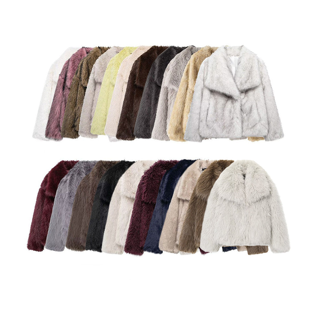 Row of fur coats in various colors with KASLEAD branding on a white background