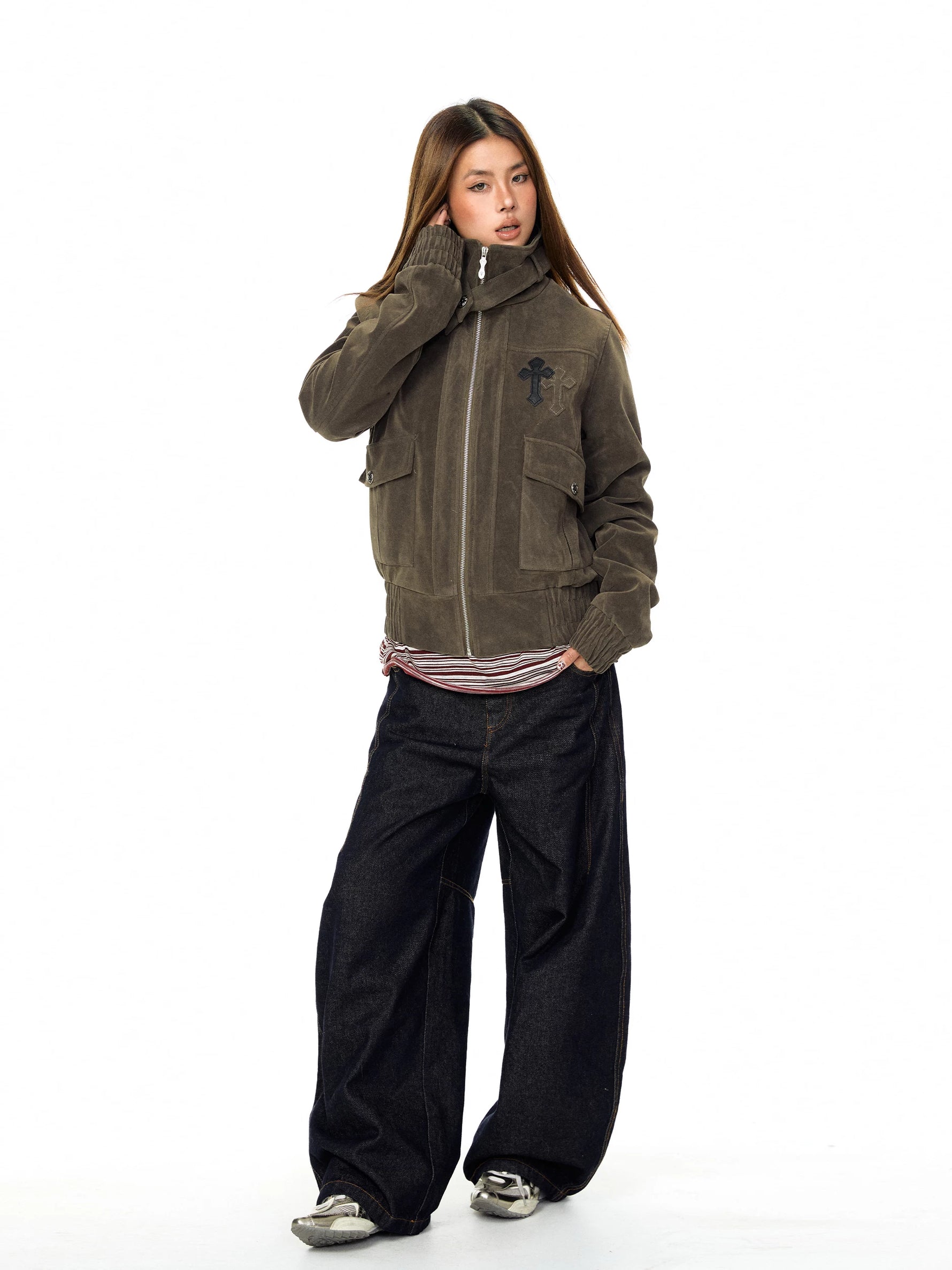 Suede Embroidered Stand Collar Workwear Jacket 4