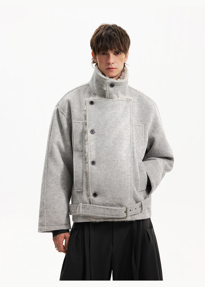 Двубортное шершавая пальто с поясом 