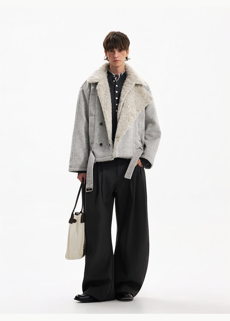 Двубортное шершавая пальто с поясом 