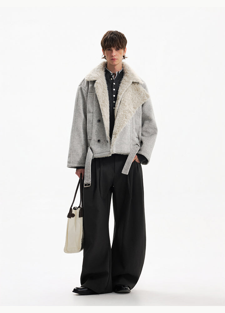 Двубортное шершавая пальто с поясом 