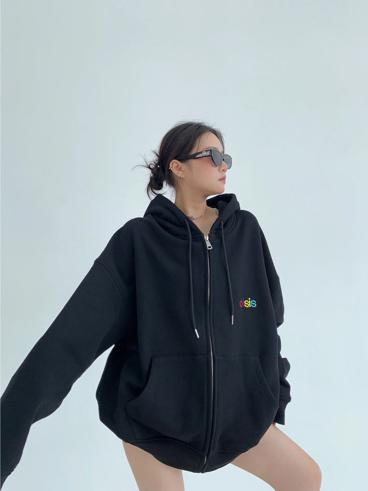 Överdimensionerad broderad zip-up hoodie-jacka 