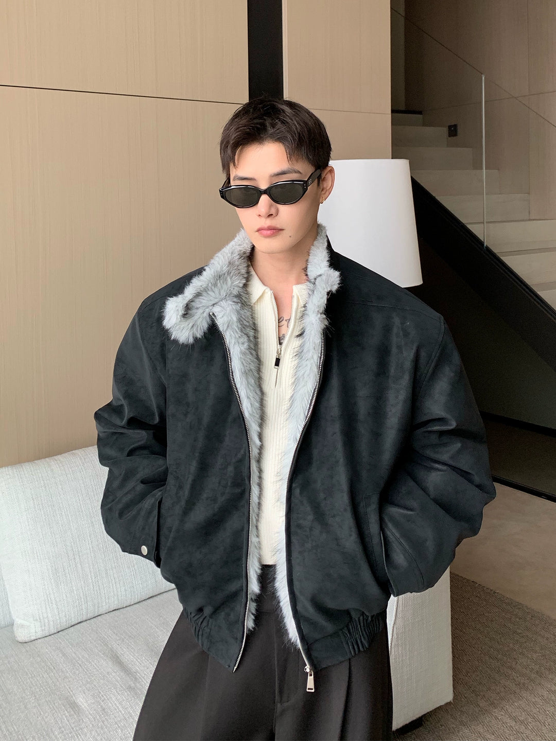 Chaqueta acolchada con cuello de forro de gamuza sintética 