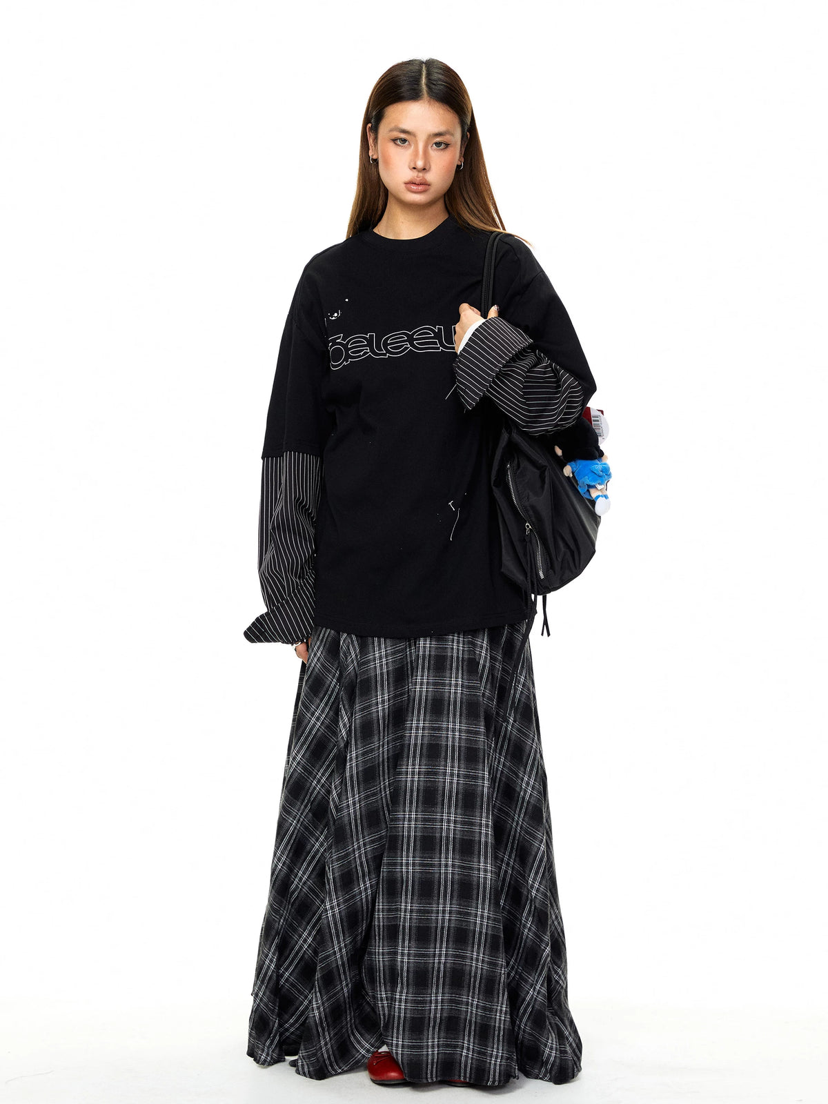 Faux Layered Striped Sleeve Graphic Pullover 5