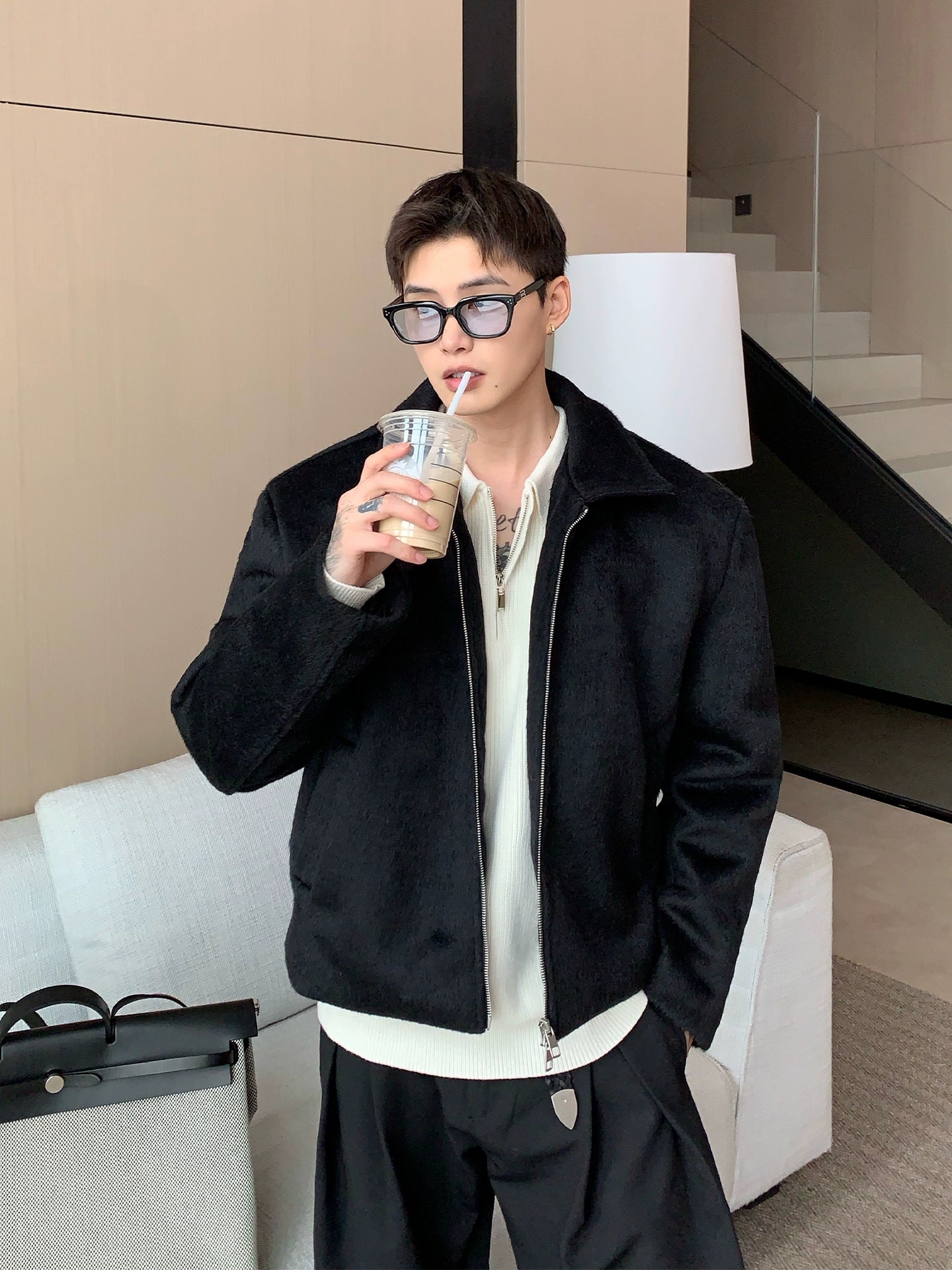 Faux-Fur-Reißverschluss-Jacke mit Stehkragen 