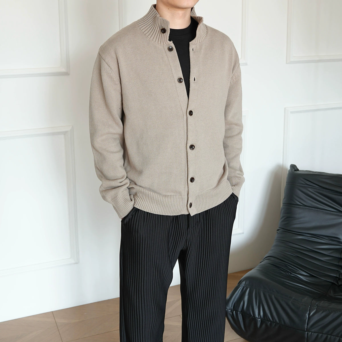 Stand Collar Button-Down Knit Cardigan Sweater 3